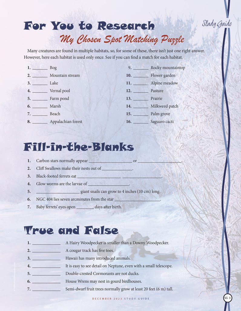 nature puzzles, fill in the blanks, true and false questions