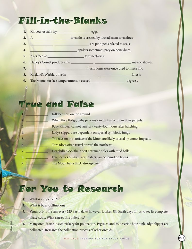 nature fill-in-the-blanks, true and false, and research question puzzles