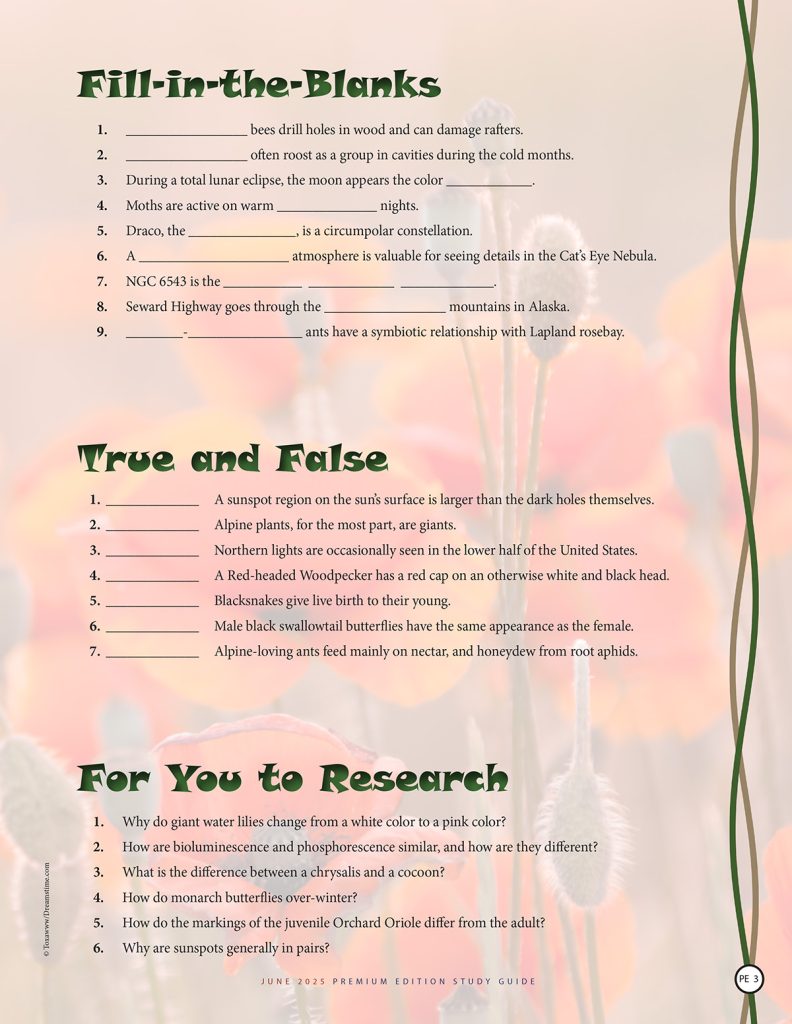nature puzzles, fill-in-the-blanks, true and false, research questions