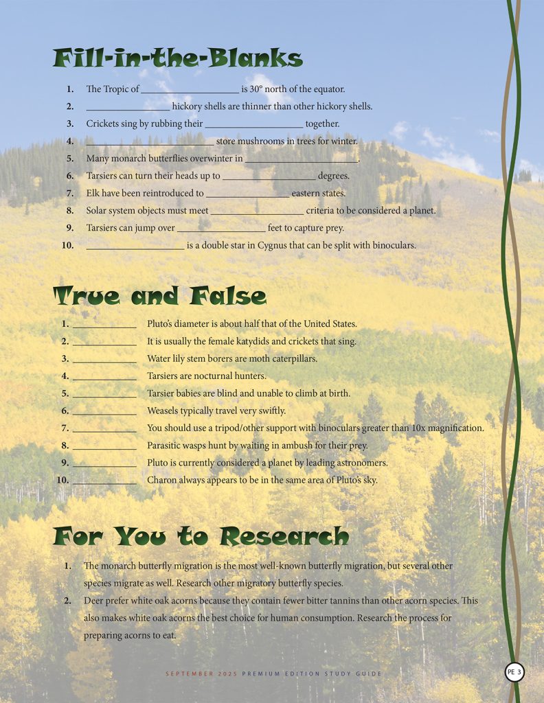nature puzzles, fill-in-the-blanks, true and false, research questions