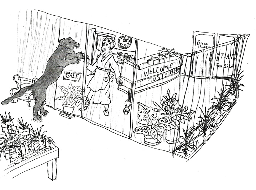 illustration of a black panther and a lady in a greenhouse