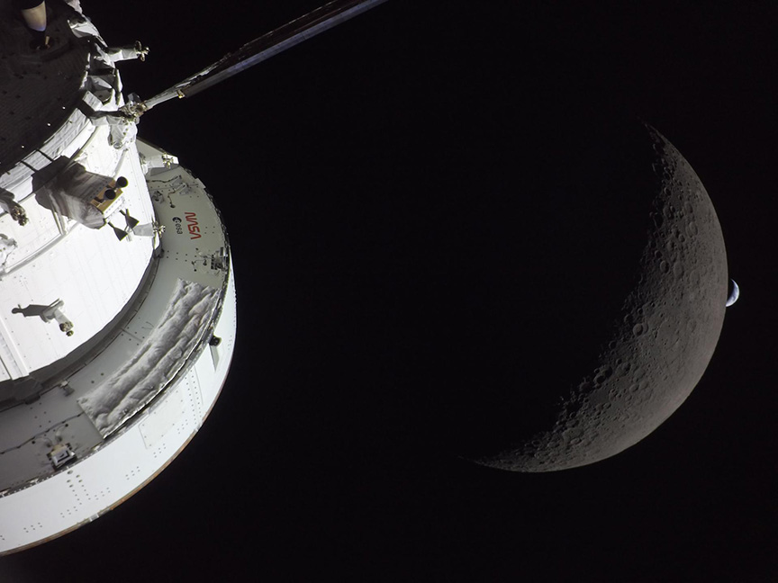 Orion spacecraft with crescent Moon and crescent Earth